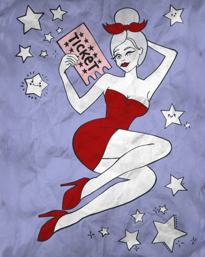 Sexy Pinup Lady holding a coupon ticket surrounded by stars