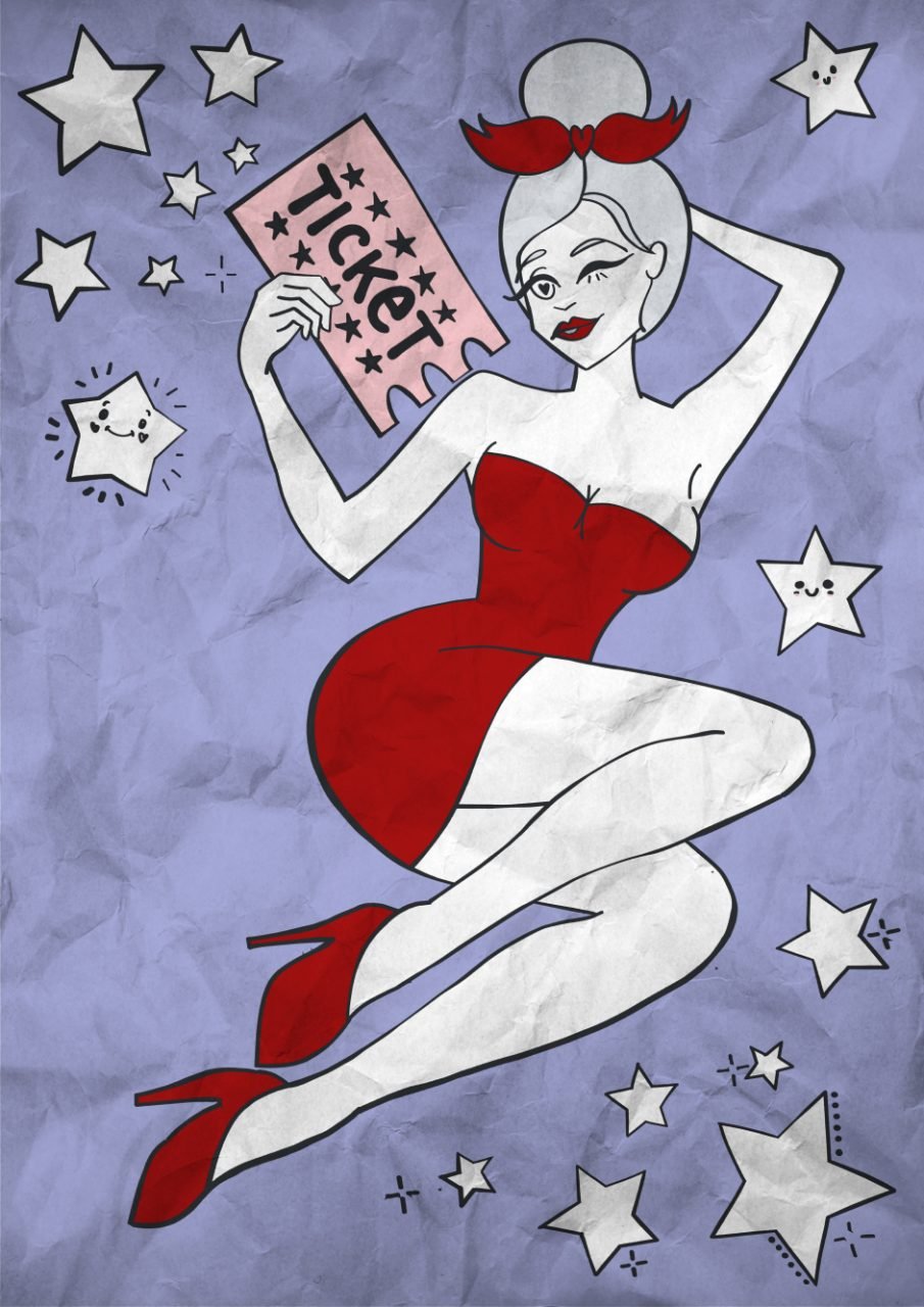 Sexy Pinup Lady holding a coupon ticket surrounded by stars