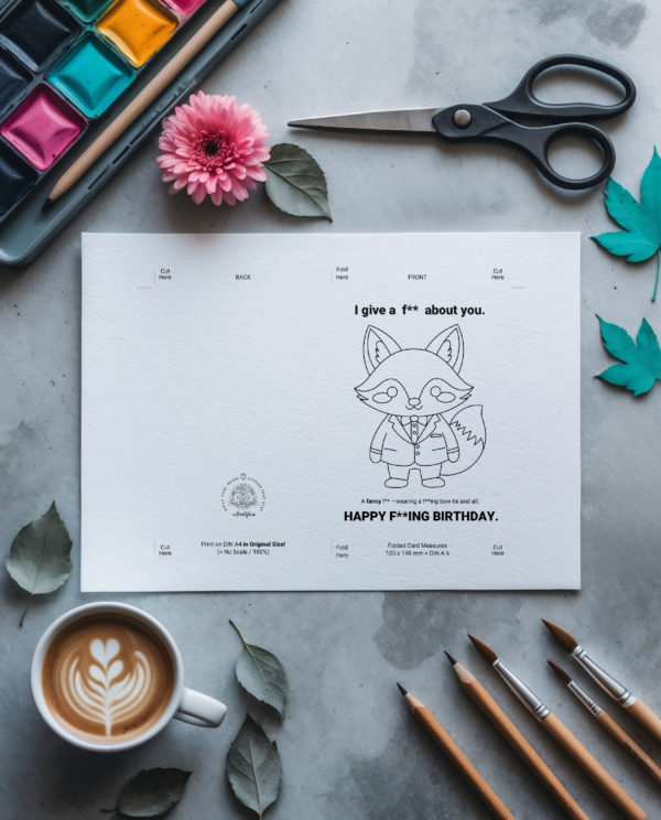 Color-Me Printable Birthday Card “I Give a F About You” (Fox edition for easy coloring) - Image 2